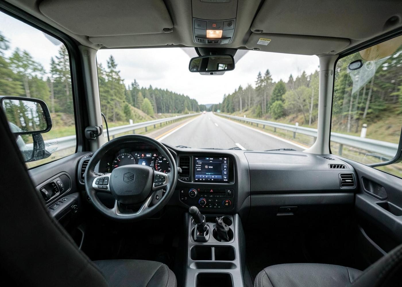 Förarmiljö i en lastbil med vägen framför